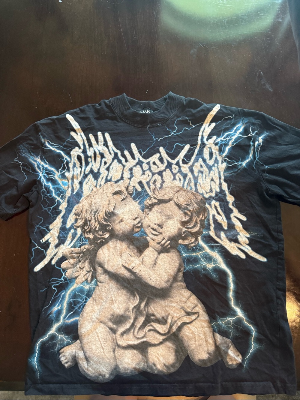Boohoo Mens Black Tee with Cherub & Blue Lightning Graphic - M